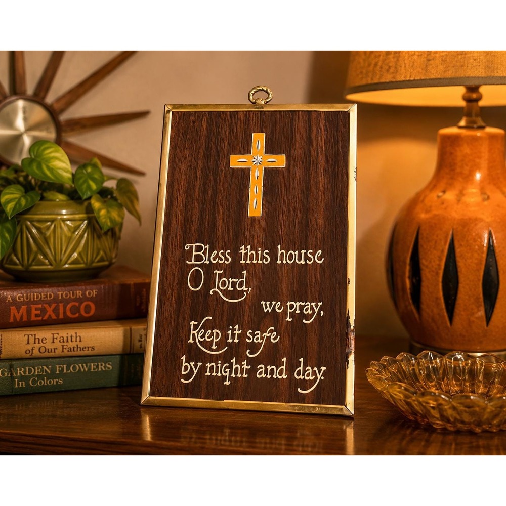 VTG 1970s Bless This House Wall Plaque Retro Christian Prayer Cross Faux Wood